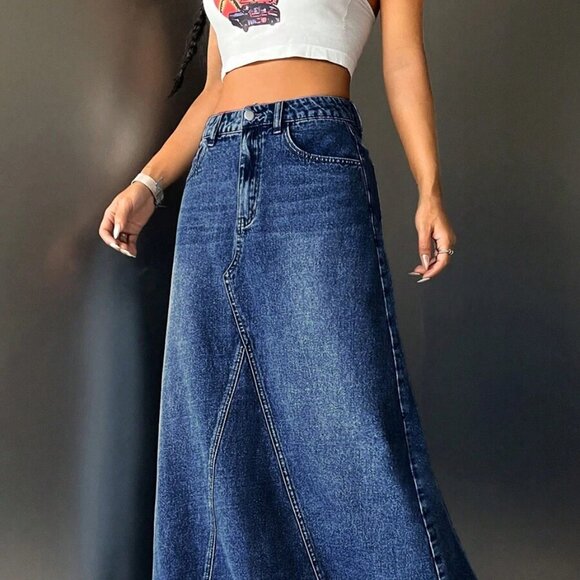 Boho Streetwear Denim A-Line Skirt - Picture 2 of 5